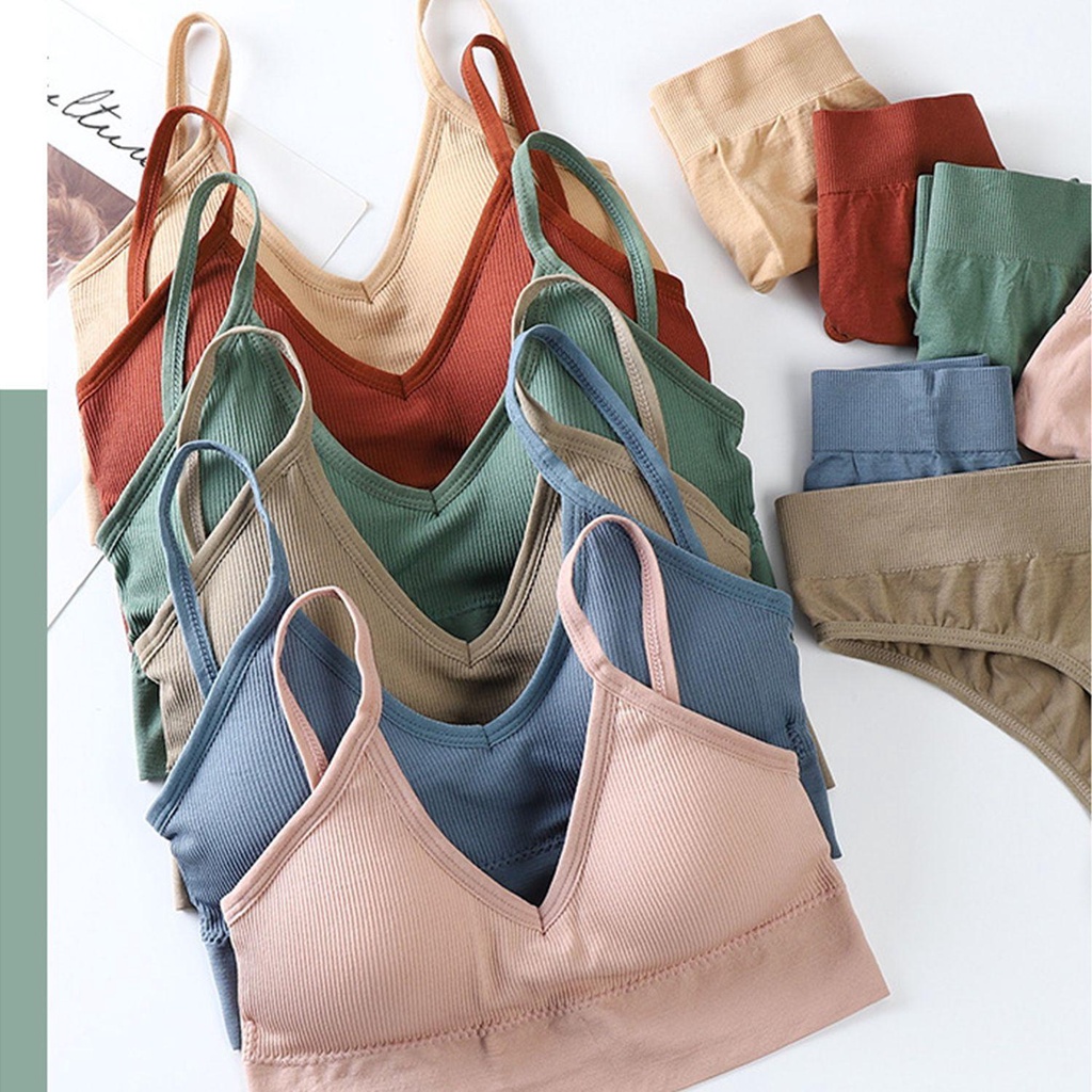 ♪PATH♪ 2Pcs/set Ladies Briefs Sexy Triangle Cup Basic Women Underwear No Rims Bra Set Bralette Lingerie Stretchy Tank Tops Ladies Suit Fashion Brassiere Comfortable Sports Thong Bra/Multicolor