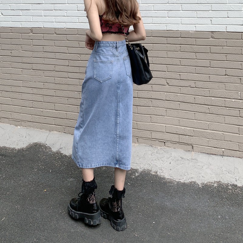 Chân Váy Denim Chữ A Lưng Cao Phong Cách Vintage | BigBuy360 - bigbuy360.vn
