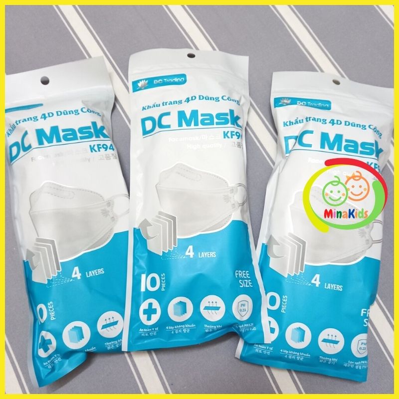 Túi 10 Chiếc Khẩu Trang 4D Dũng Công Mask KF94 Lọc Bụi Mịn Kháng Khuẩn 4 Lớp KTDC