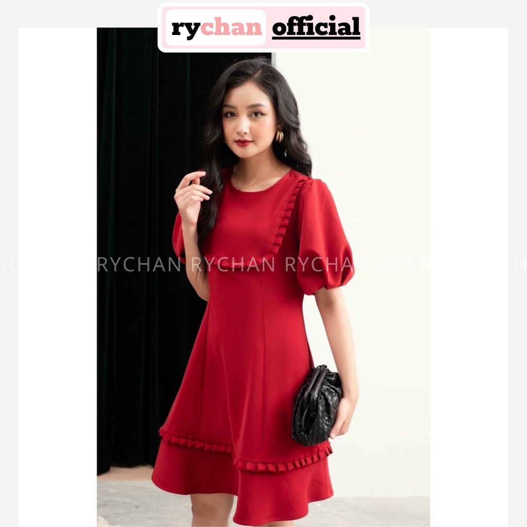 Đầm Xòe Đỏ Tầng Phối Bèo Tay Phồng Nữ Tính - DX0111