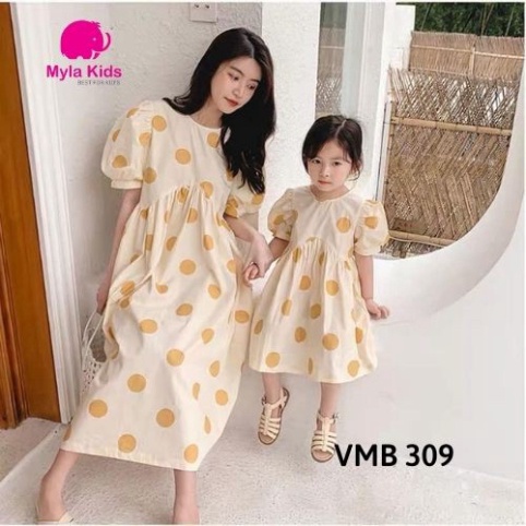 Set đầm đôi mẹ và bé gái họa tiết cấm bi to đầm dáng suông tay bồng chất liệu voan lụa cho bé 1-10 tuổi Lyta