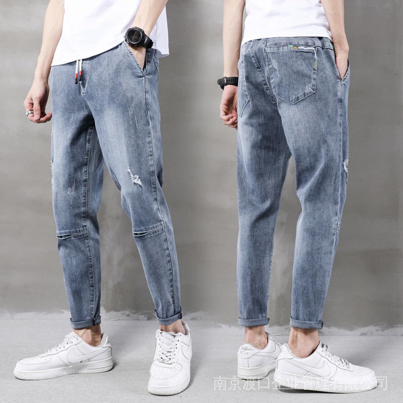 Quần Jeans Dài 9 Tấc Dáng Rộng Phối Rách Thời Trang Mùa Hè Cho Nam