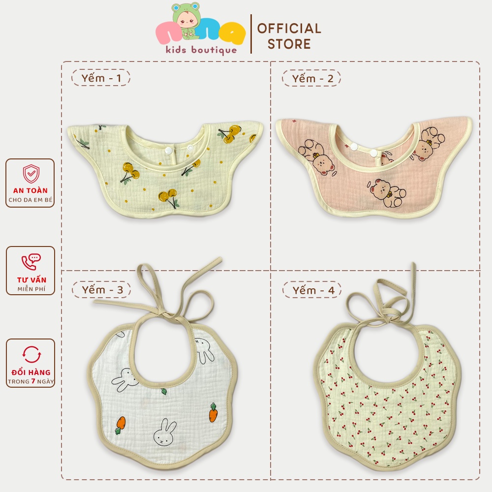 Khăn Yếm xô muslin cao cấp Nina Kids Boutique Yếm ăn dặm cho bé trai bé gái Yếm quàng cổ cài nút Bao tay chân bé sơ sinh