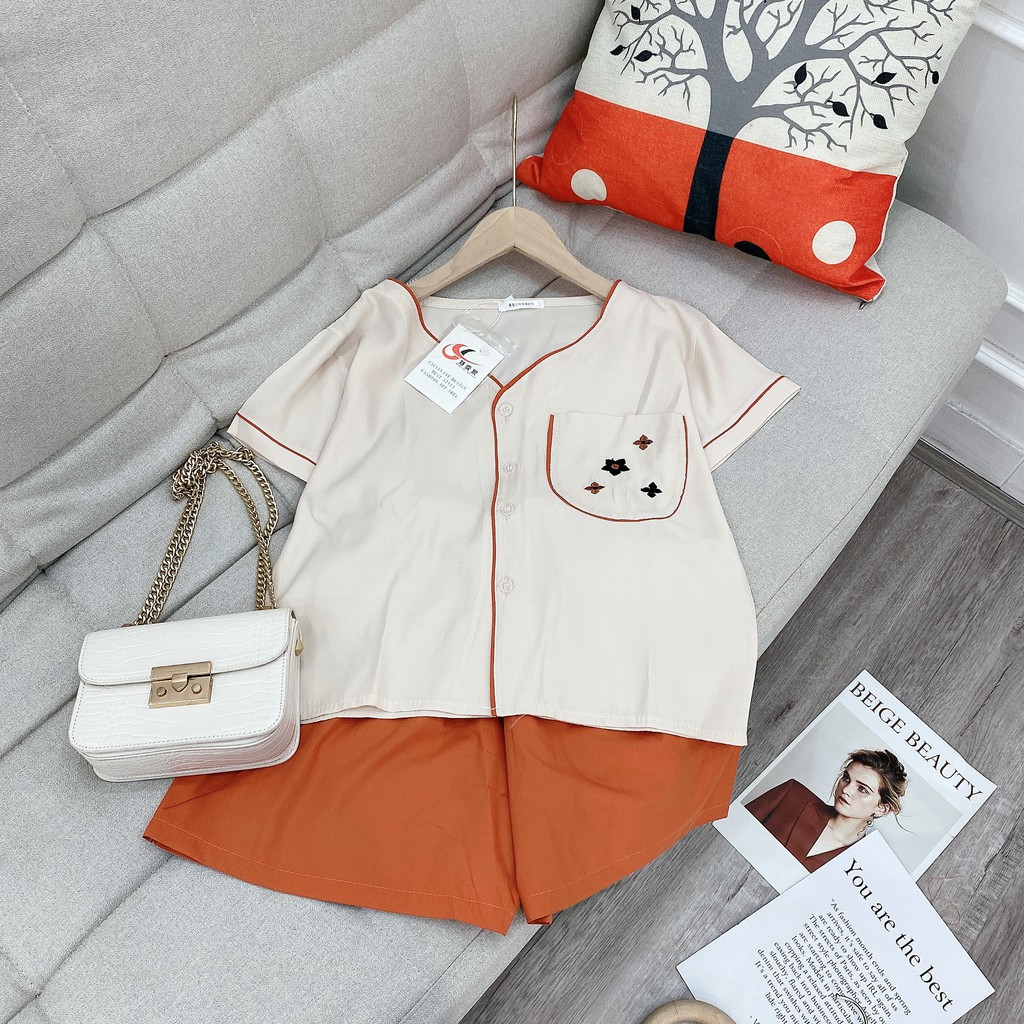 Set Bộ Đũi Tơ Cổ Vuông Thêu Hoa Cam Siêu Xinh | BigBuy360 - bigbuy360.vn