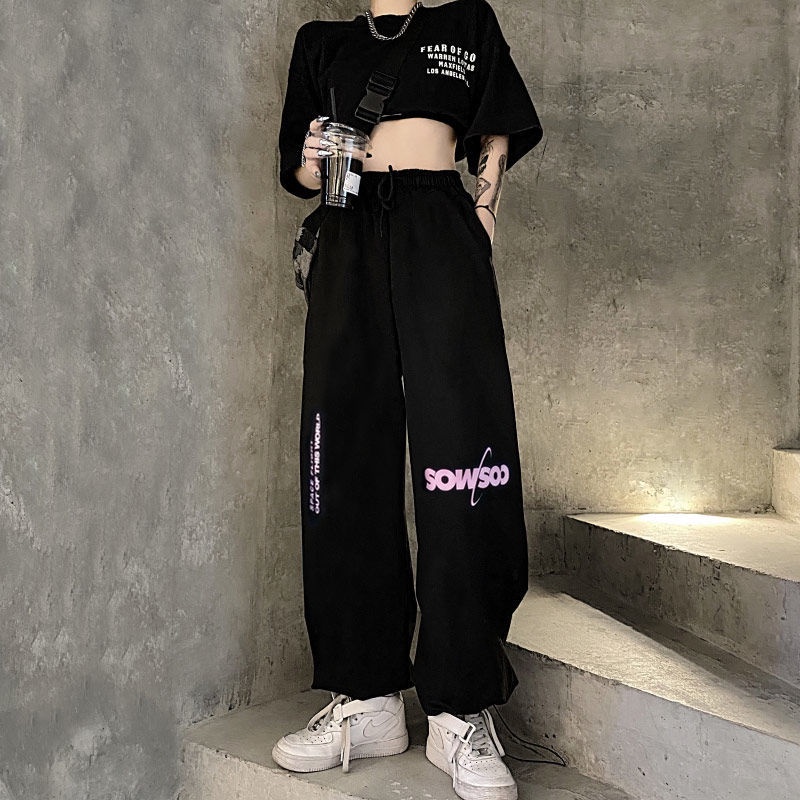 Jiashucheng Quần Thể Thao Lưng Cao Ống Rộng Thời Trang Hàn Quốc Dành Cho Nữ