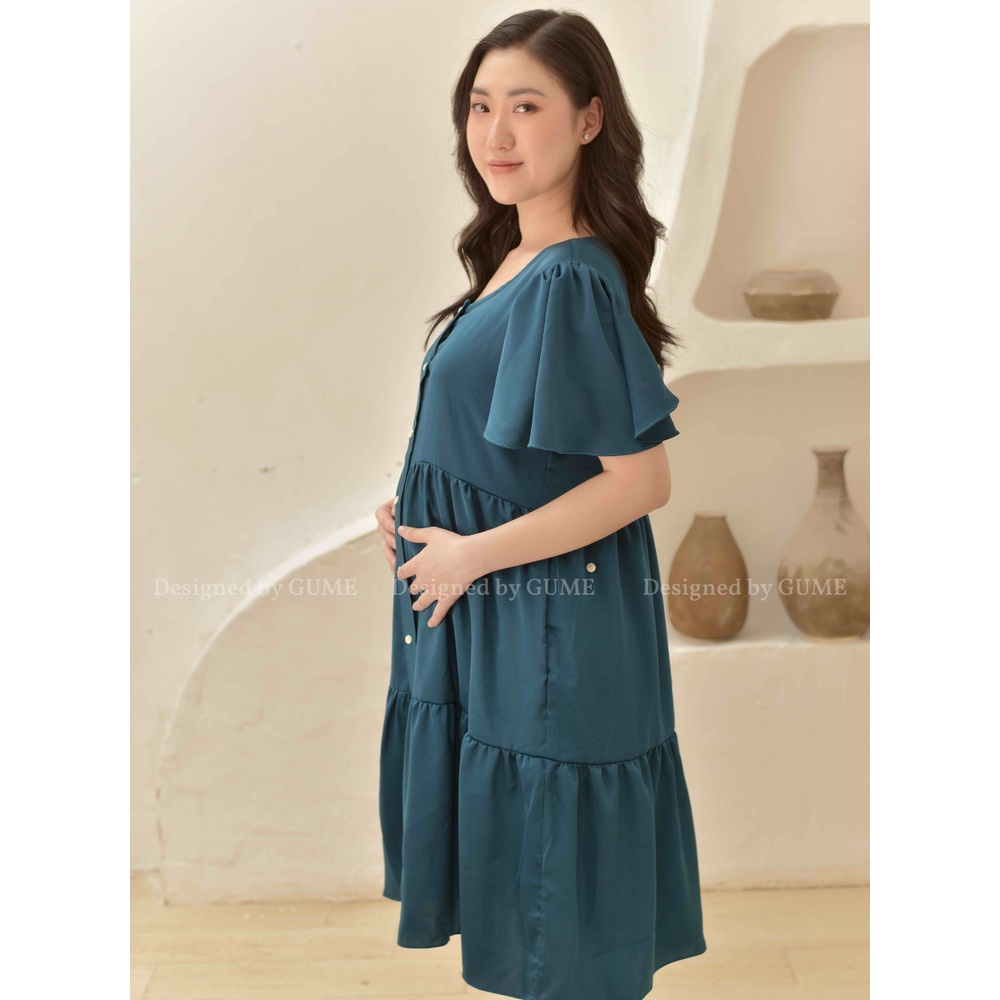 Váy Bầu Công Sở - Đầm Bầu GUME 2 màu xanh,xanh nõn chuối dáng 3 tầng tay chuông chất vải lụa ngọc trai GM 022