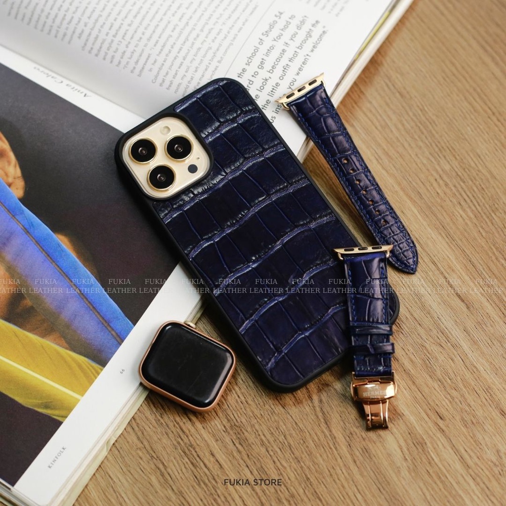 Dây da thủ công Cá Sấu Xanh Navy dành cho iWatch, đồng hồ thông minh, đồng hồ cơ FUKIA DDTC182
