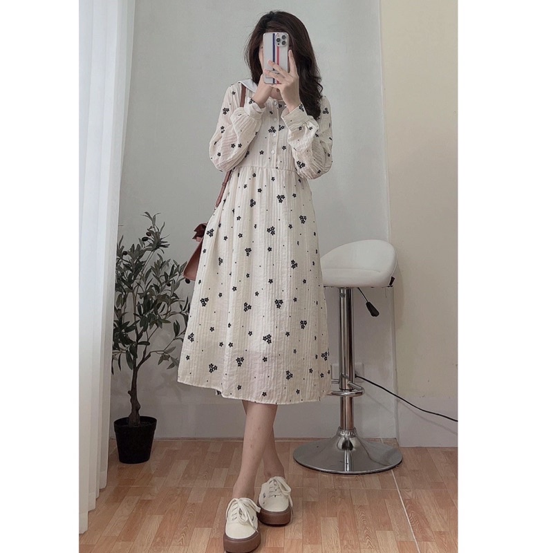 Đầm - Váy babydoll phối cổ hoạ tiết hoa nhí