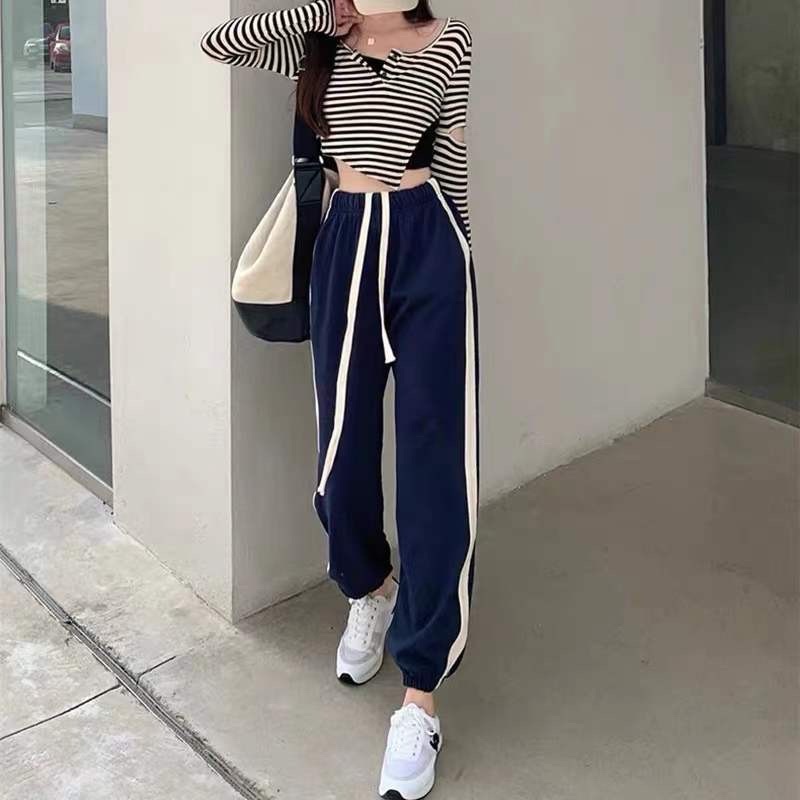 [HTSHOP]-Quần thể thao nữ cao cấp mùa đông có dây rút đơn giản lưng chun phối sọc bên