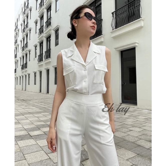 Set vest sát nách quần ống suông túi hộp thiết kế cao cấp vải đũi lạnh
