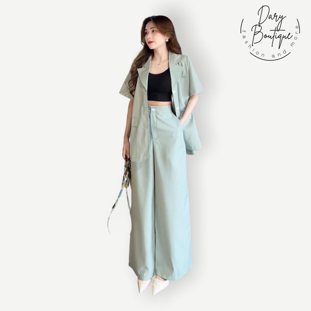 Set đồ nữ áo blazer kèm quần dài và áo trong DARY, quần ống suông chun sau dễ mặc, set vest nữ 3 món màu xanh mint DS104