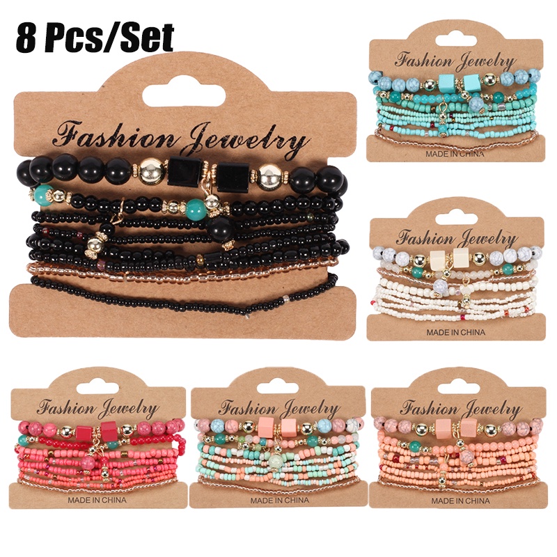 Set 8 Vòng Tay Hạt Đá Nhiều Lớp Tua Rua Phong Cách Bohemian Thời Trang Cho Nữ