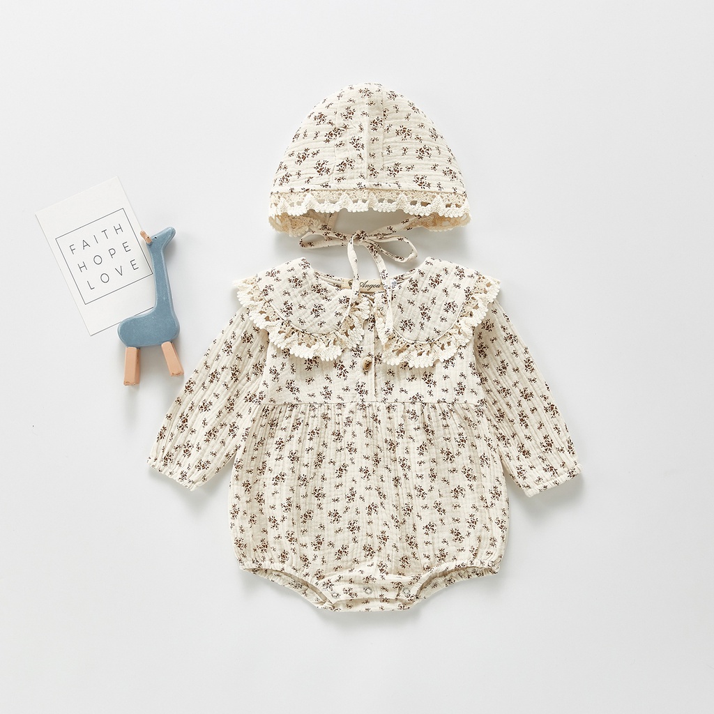 Bộ áo liền quần tay dài cổ búp bê và mũ vải cotton phối ren hoạ tiết bông hoa xinh xắn cho trẻ sơ sinh