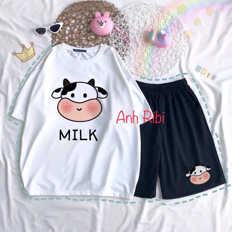 [SIÊU RẺ] Sét Áo Thun Ngắn Tay Bò Sữa Milk Chất Đẹp + Quần Đùi Đen Ống Rộng Logo Sét Đồ Bộ Nam Nữ Unisex Freesize | BigBuy360 - bigbuy360.vn