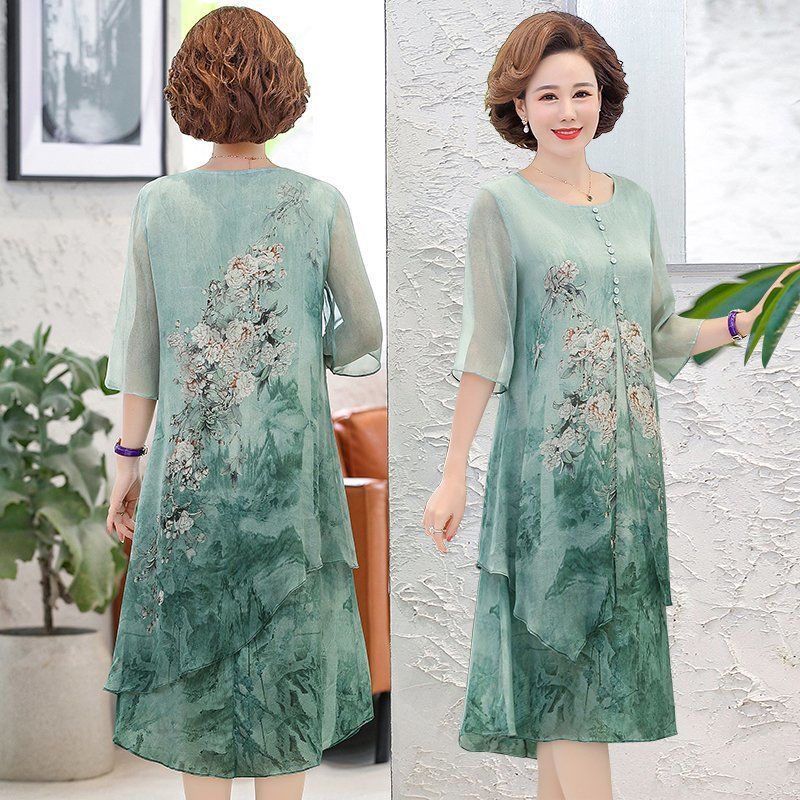 Đầm Chiffon Che Bụng Phong Cách Phương Tây Thời Trang Mùa Hè Cho Phụ Nữ Trung Niên 40-50 Tuổi