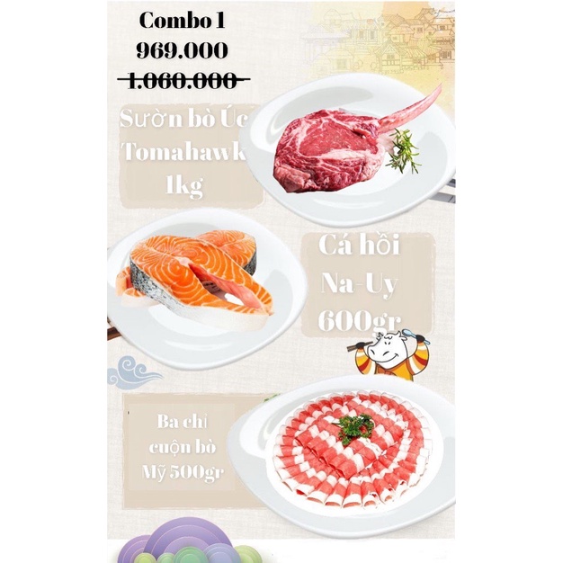 500G Ba chỉ cuộn bò Mỹ + 600gr Cá hồi + Sườn Tomahack 1kg ( Giao trong ngày )