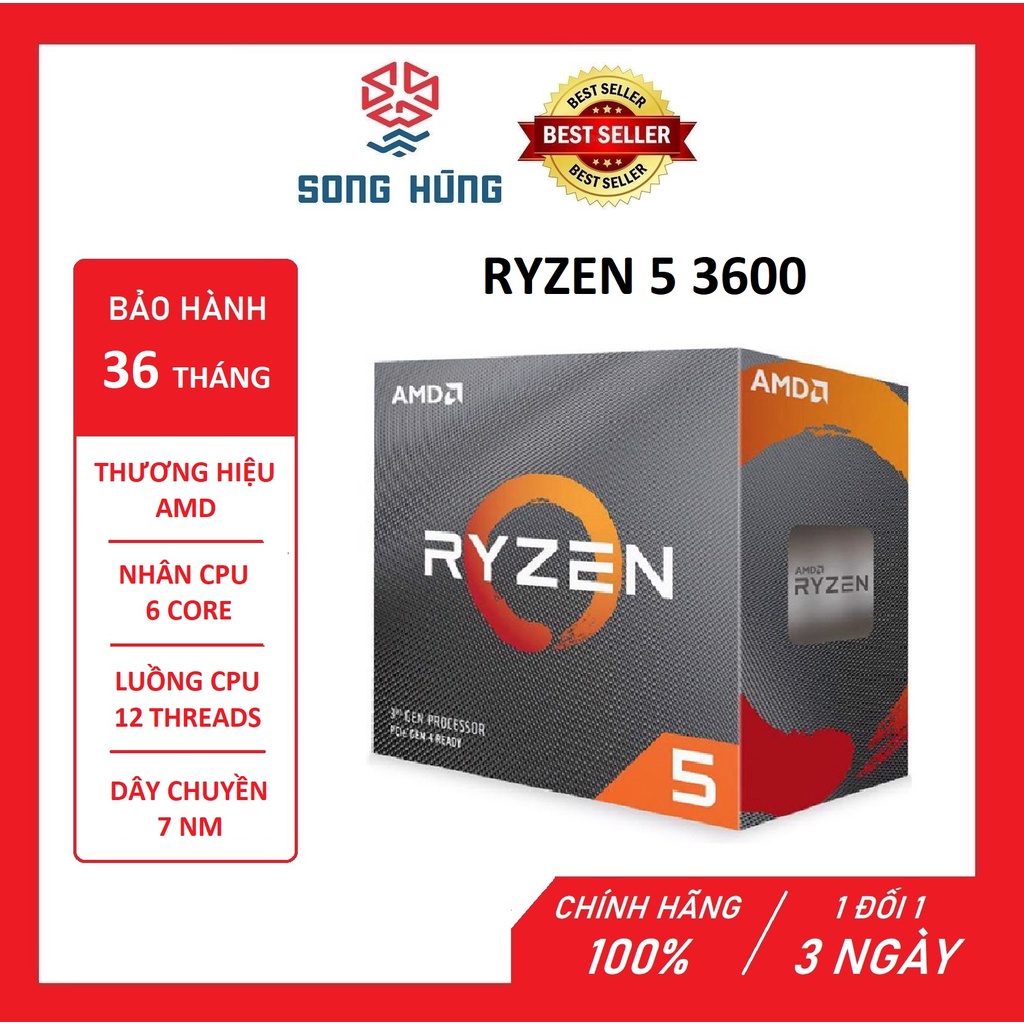 Bộ vi xử lý AMD RYZEN 5 3600 (3.6GHz Turbo Up To 4.2GHz, 6 Nhân 12 Luồng, 35MB Cache, AM4)- HÀNG CHÍNH HÃNG- BH 36 THÁNG