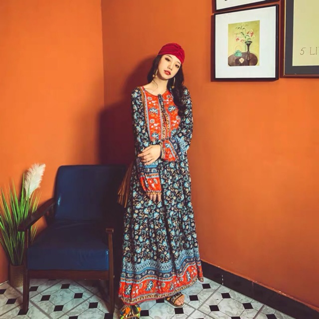 Váy đầm maxi boho thổ cẩm tay phồng dáng dài xoè tầng cổ V thắt dây eo vintage du lịch diện hè