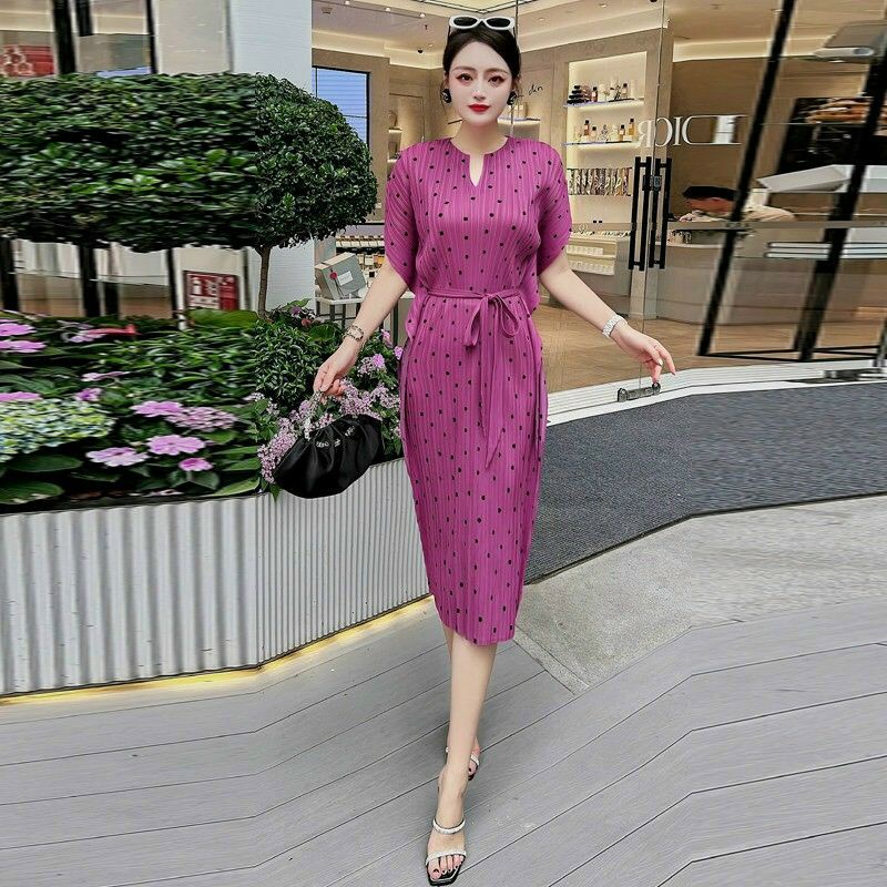 Hàng nhập - Đầm dáng ôm suông nhẹ tay cánh dơi, váy lụa xếp li dự tiệc thắt nơ eo