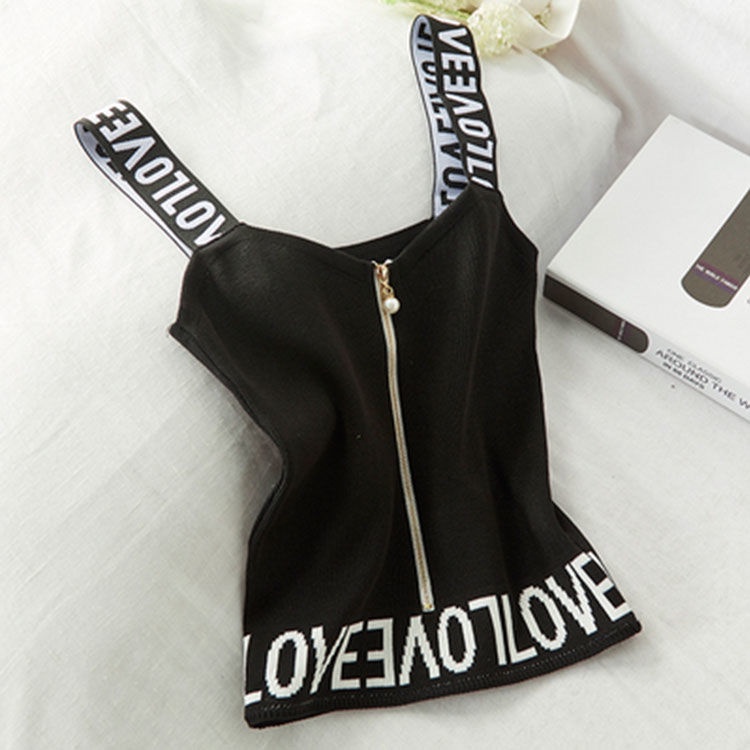 Áo Tank Top Dệt Kim Ôm Dáng Phối Khóa Kéo Đính Ngọc Trai Gợi Cảm Cho Nữ