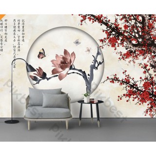 Tranh thủy mặc phong cách hoa đào cổ điển, tranh dán tường 3d hiện đại (tích hợp sẵn keo) MS1062605