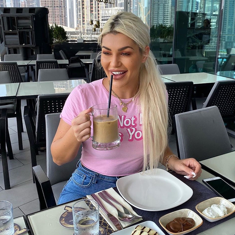 DUNEA Áo Croptop ngắn tay in chữ đơn giản cho nữ