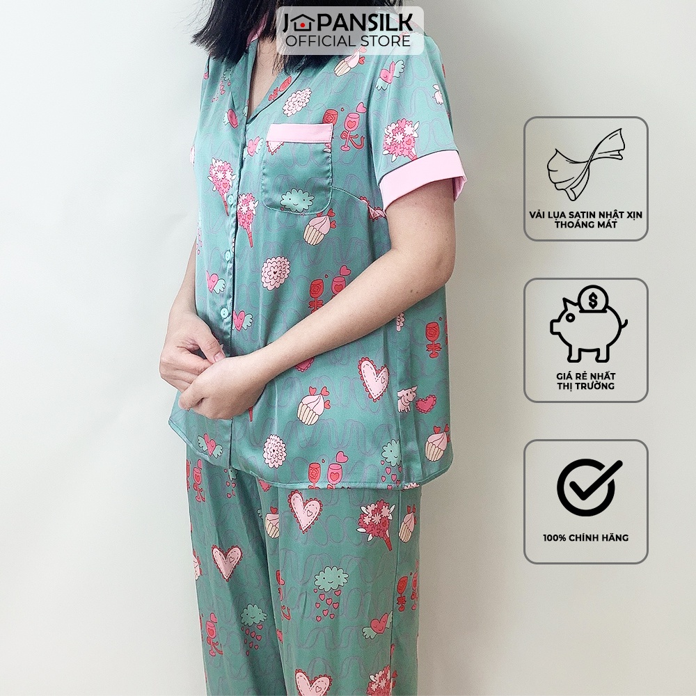 Đồ Ngủ Lụa Satin Nhật Pijama Ngắn Tay Mặc Nhà Họa Tiết Sóng Đáng Yêu JAPAN SILK Chính Hãng CD007 CD014