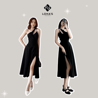 Đầm Midi đen lệch vai khoét kiểu xẻ đùi Lonascorner LNĐK012