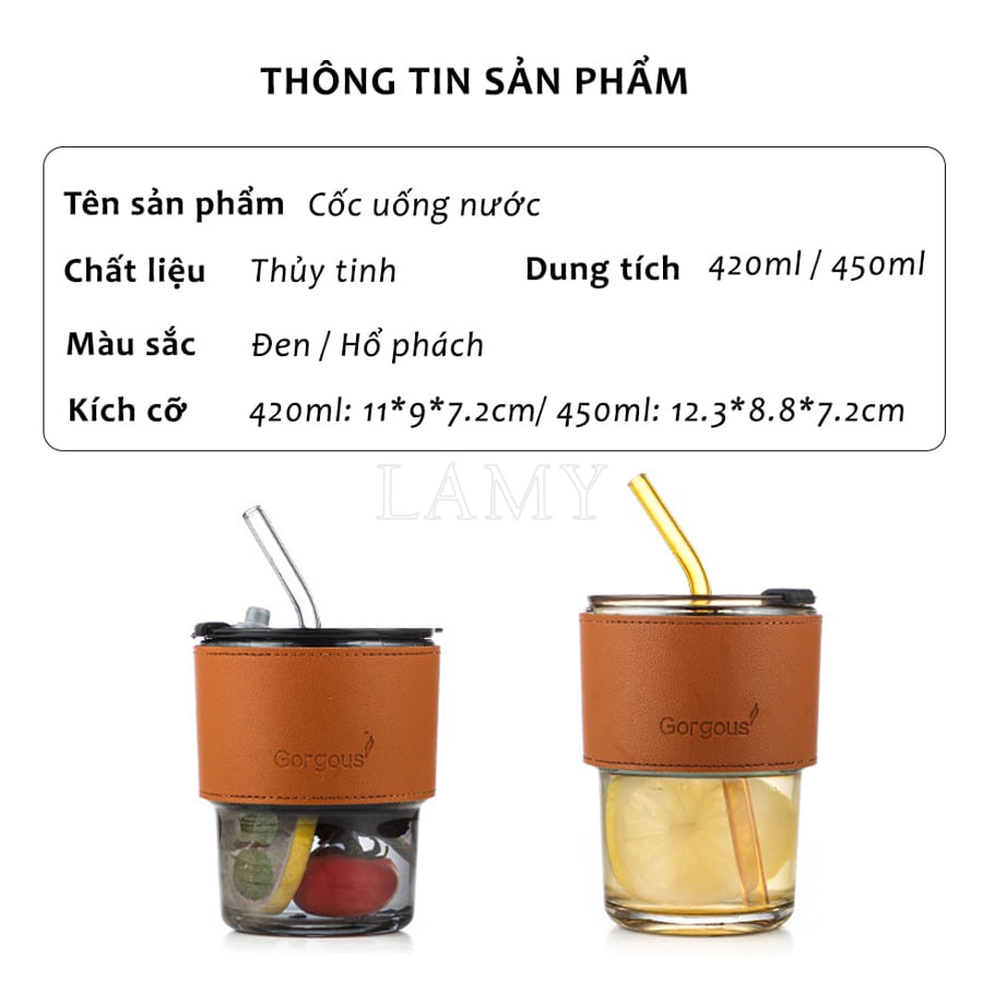 Cốc Thuỷ Tinh Vỏ Da Có Nắp Và Ống Hút, Ly Uống Nước Đẹp Dung Tích 420 và 450ml Chất Liệu Thuỷ Tinh Dày Dặn An Toàn