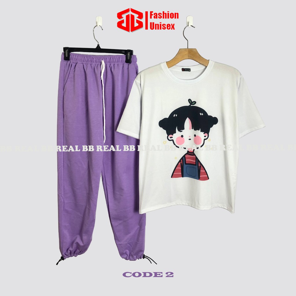ĐỒ BỘ THUN DÂY RÚT - (Nhiều Mẫu) QUẦN TÍM, ÁO CARTOON From Rộng Unisex , THOÁNG MÁT, Freesize DƯỚI 65KG - BB REAL