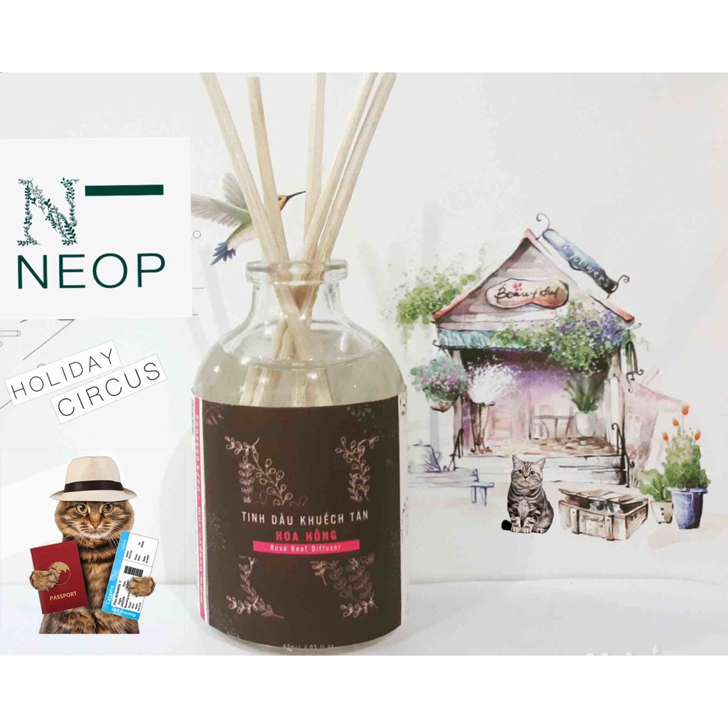 Tinh Dầu Khuếch Tán Hoa Hồng NEOP 60ml (Pháp) - Tặng Kèm 20 Que Mây Khuếch Tán - Rose Reed Diffuser