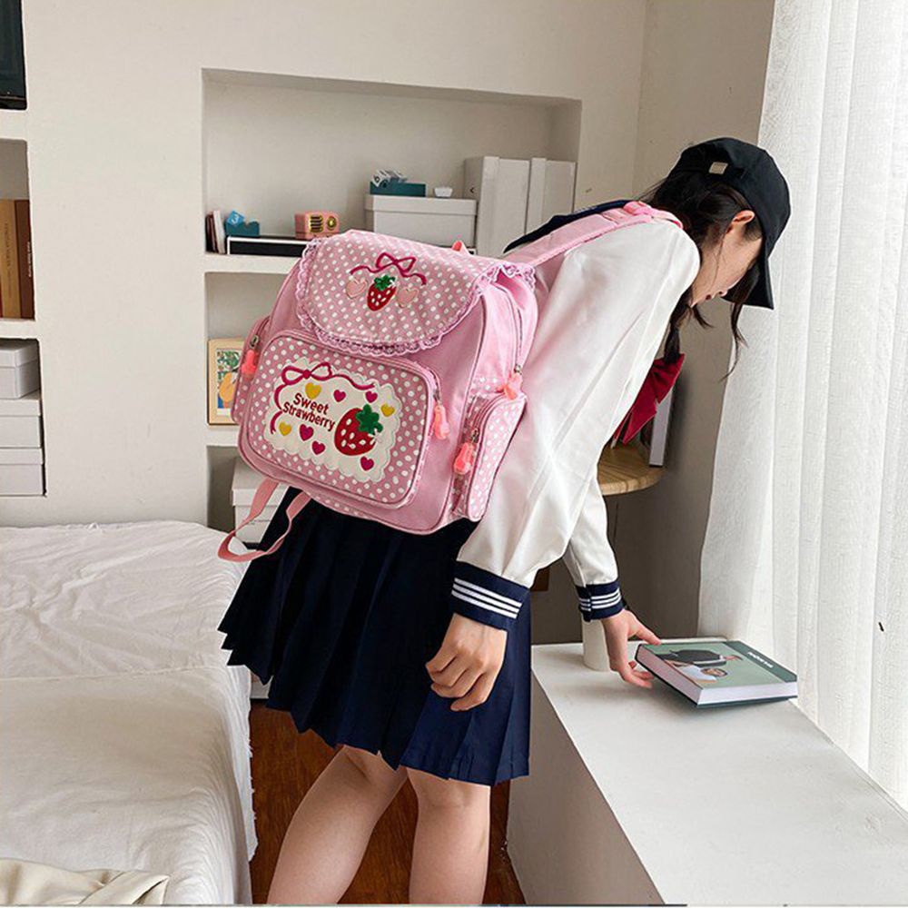 Balo thêu họa tiết dâu tây dễ thương phong cách thời trang Nhật Bản dành cho nữ