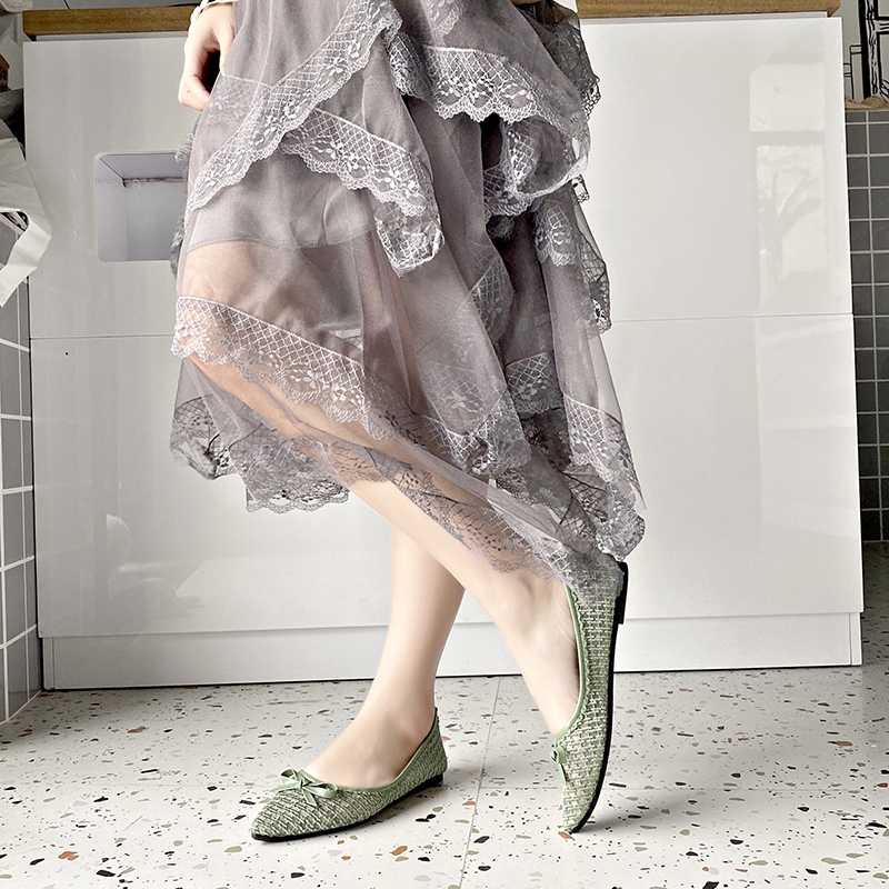 Giày búp bê mũi nhọn đế chống trượt đính nơ thời trang Hàn Quốc cho nữ