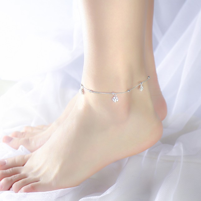 Lắc chân bạc nữ S925 mix bị phay, đính đá trắng, dây điều chỉnh được LC1550 - Bảo Ngọc Jewelry