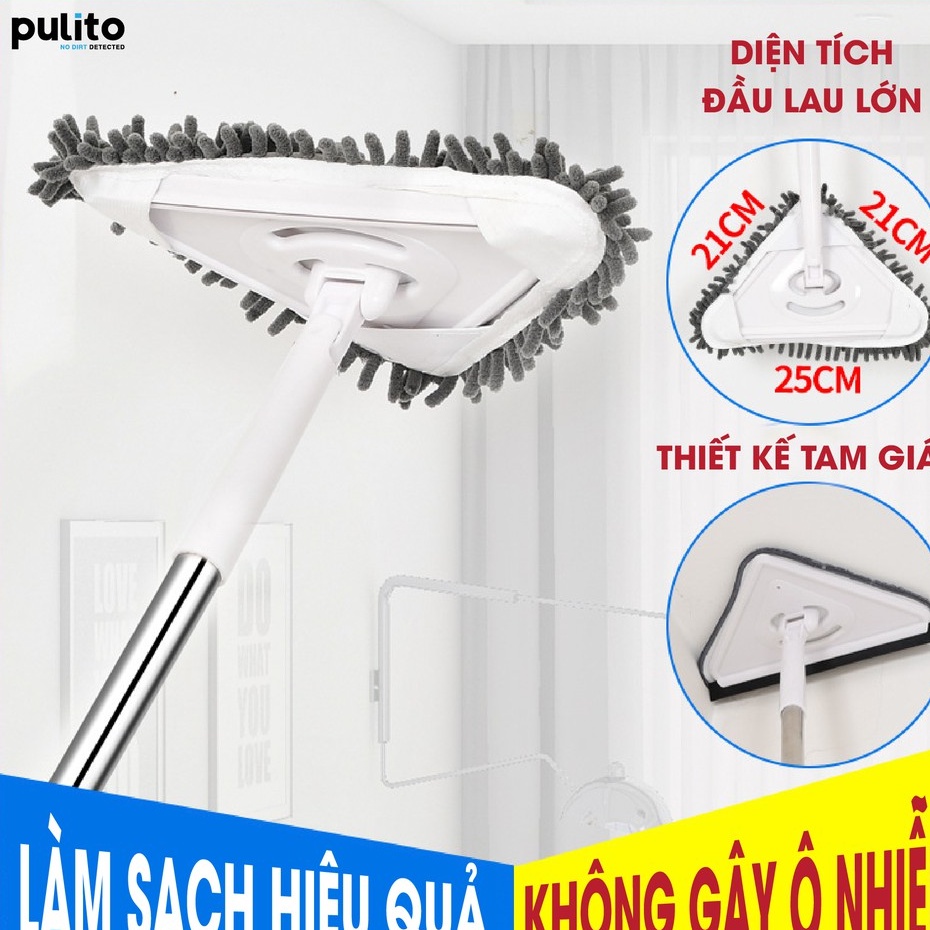 Chổi lau đa năng Pulito hình tam giác cán dài, đầu xoay 180 độ tiên dụng, bông lau làm sạch tốt CLN-M3