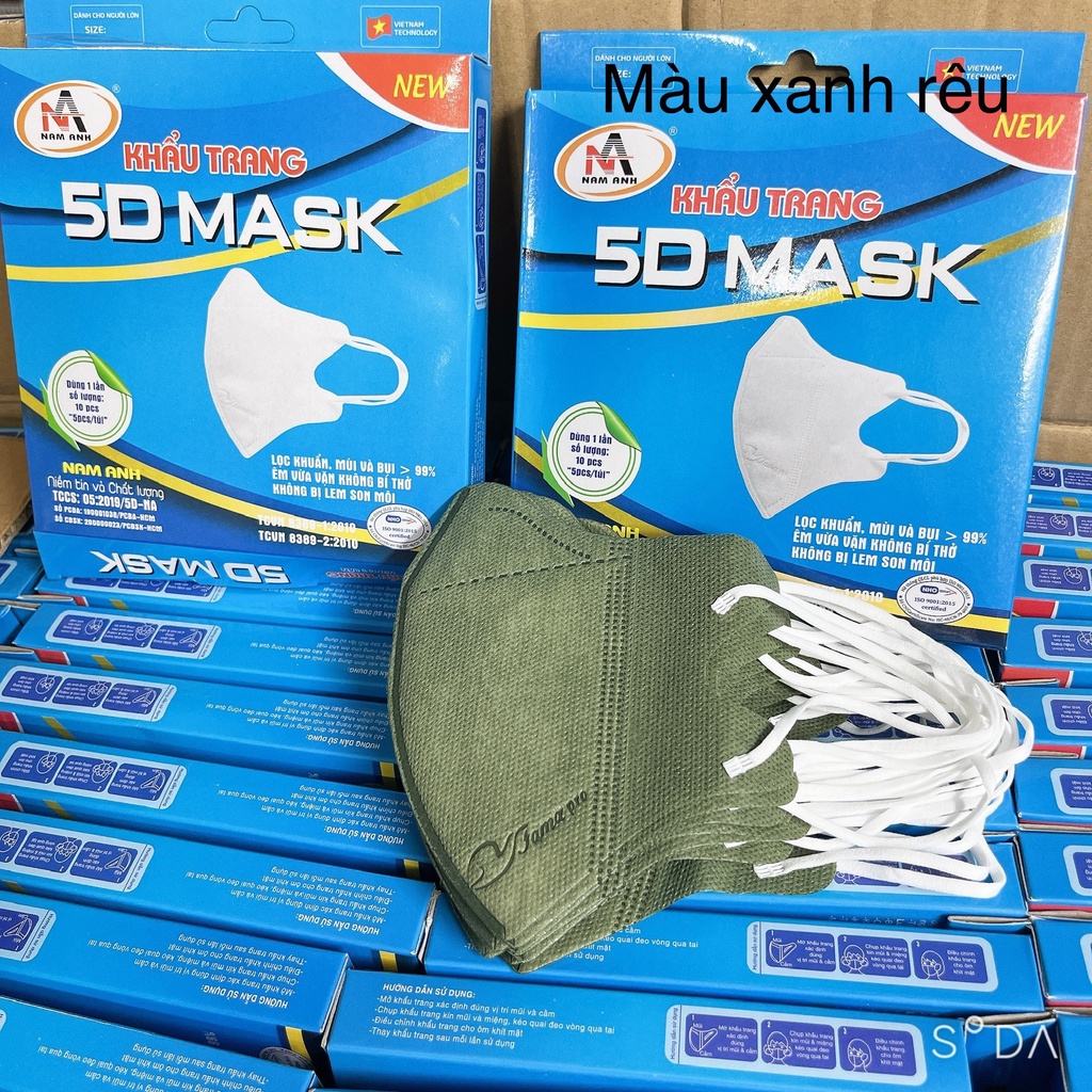 Khẩu trang 5D Nam Anh màu trắng, đen, xanh rêu, xám hộp 10 cái- tân bình