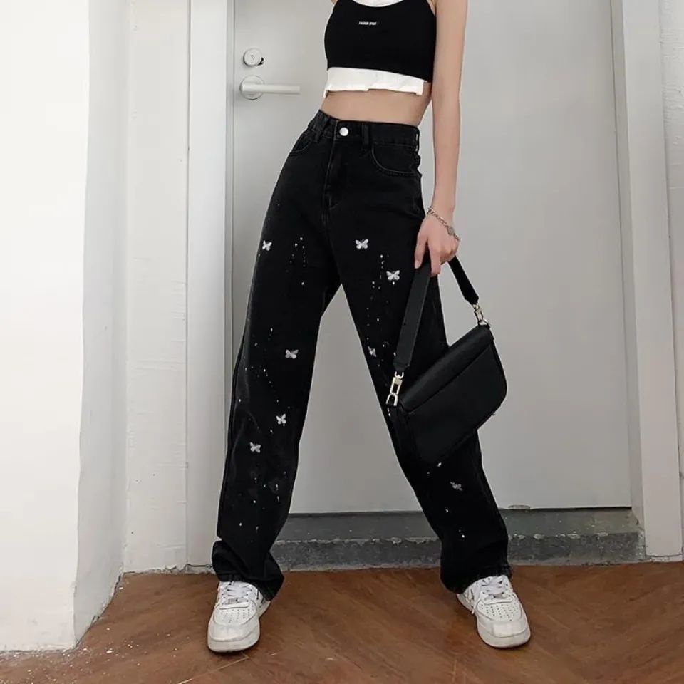 Korean Fashion Butterfly Embroidery High Waist Jeans
