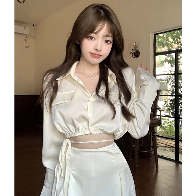 Set áo sơmi croptop+chân váy lụa Ulzzang