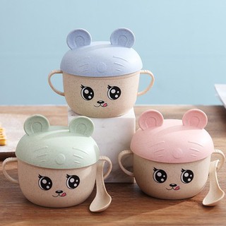 Bộ Bát Ăn Dặm Lúa Mạch 2 Quai Có Nắp Kèm Muỗng Nhiều Hình Ngộ Nghĩnh Kèm Muỗng