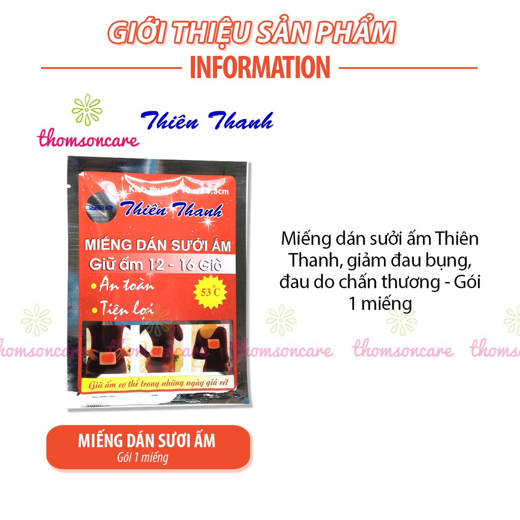 Miếng dán sưởi ấm Thiên Thanh, giữ ấm cơ thể, giảm đau bụng, đau chấn thương - Hộp 10 miếng