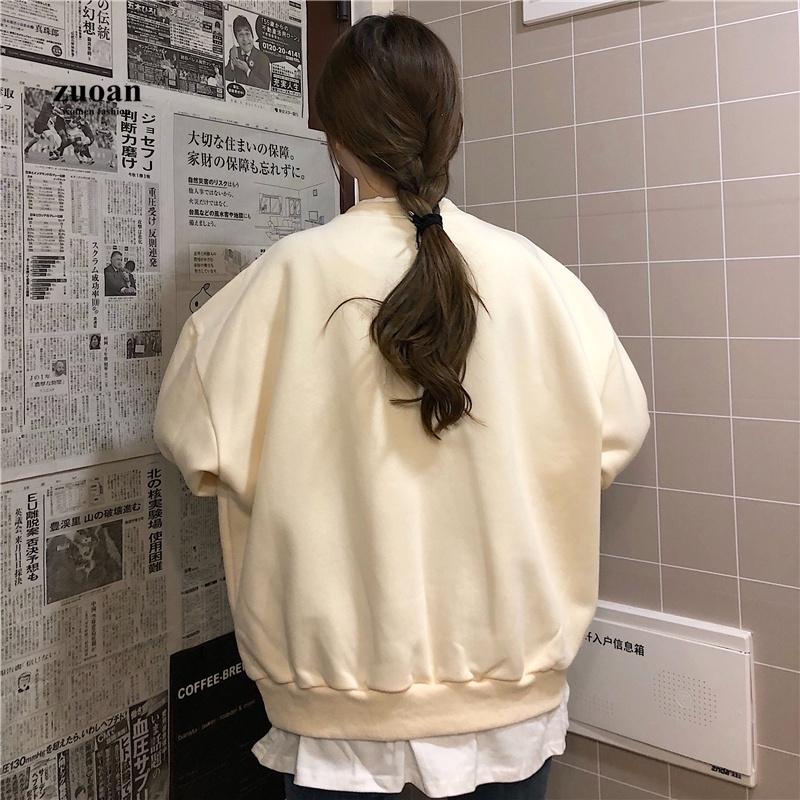 SUXI Áo nỉ nữ dài tay cổ tròn thời trang Hàn