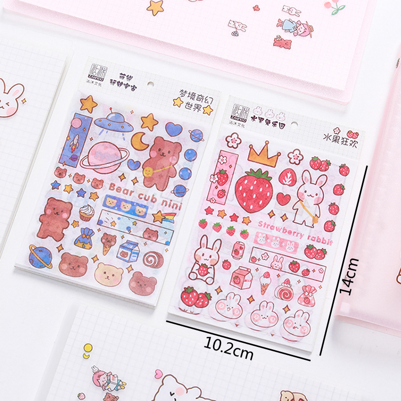 Bộ 4 tờ miếng dán trang trí họa tiết gấu/thỏ hoạt hình phong cách Nhật Bản đáng yêu
