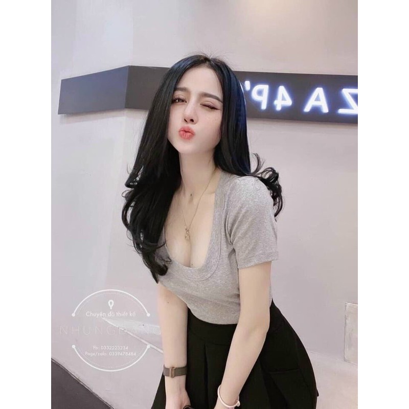 Áo thun cổ vuông loại đẹp chất dầy dặn + có video shop quay thật + ảnh shop tự chụp