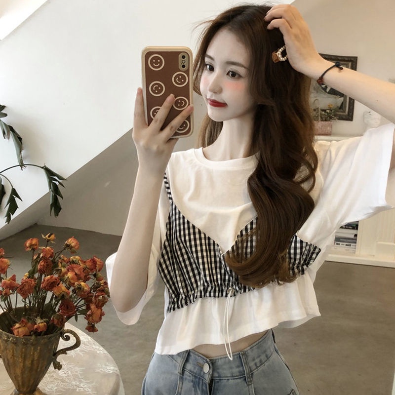 Áo thun giả hai lớp tay ngắn dáng rộng màu đen/ màu trắng thời trang dành cho nữ