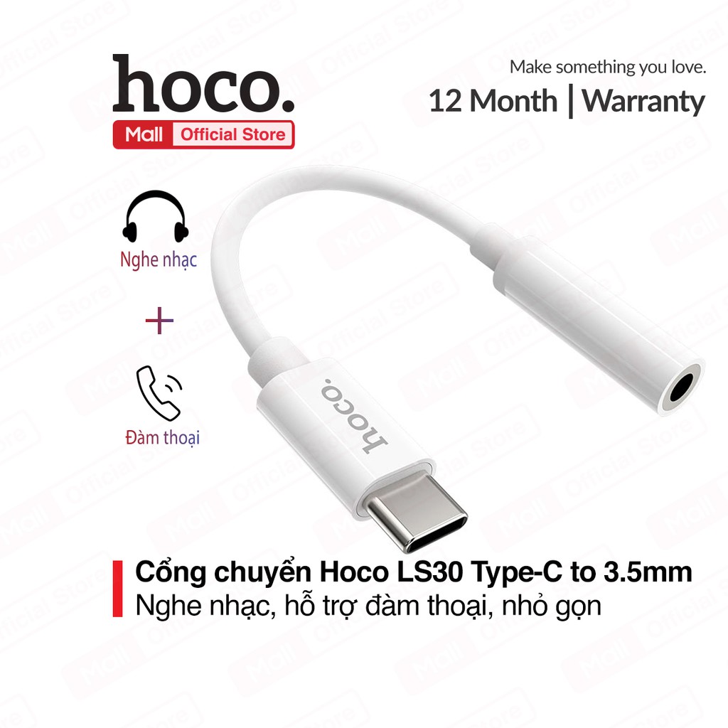 Cổng chuyển đổi Hoco LS30 từ Type-C to 3.5mm, hỗ trợ nghe nhạc, mic đàm thoại, thiết kế nhỏ gọn, tương thích nhiều dòng