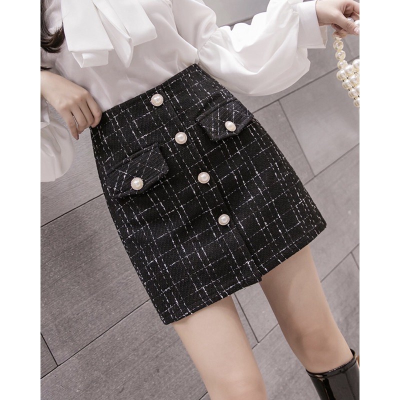 [SẴN-ẢNH THẬT] Chân váy dạ tweed nút ngọc tròn