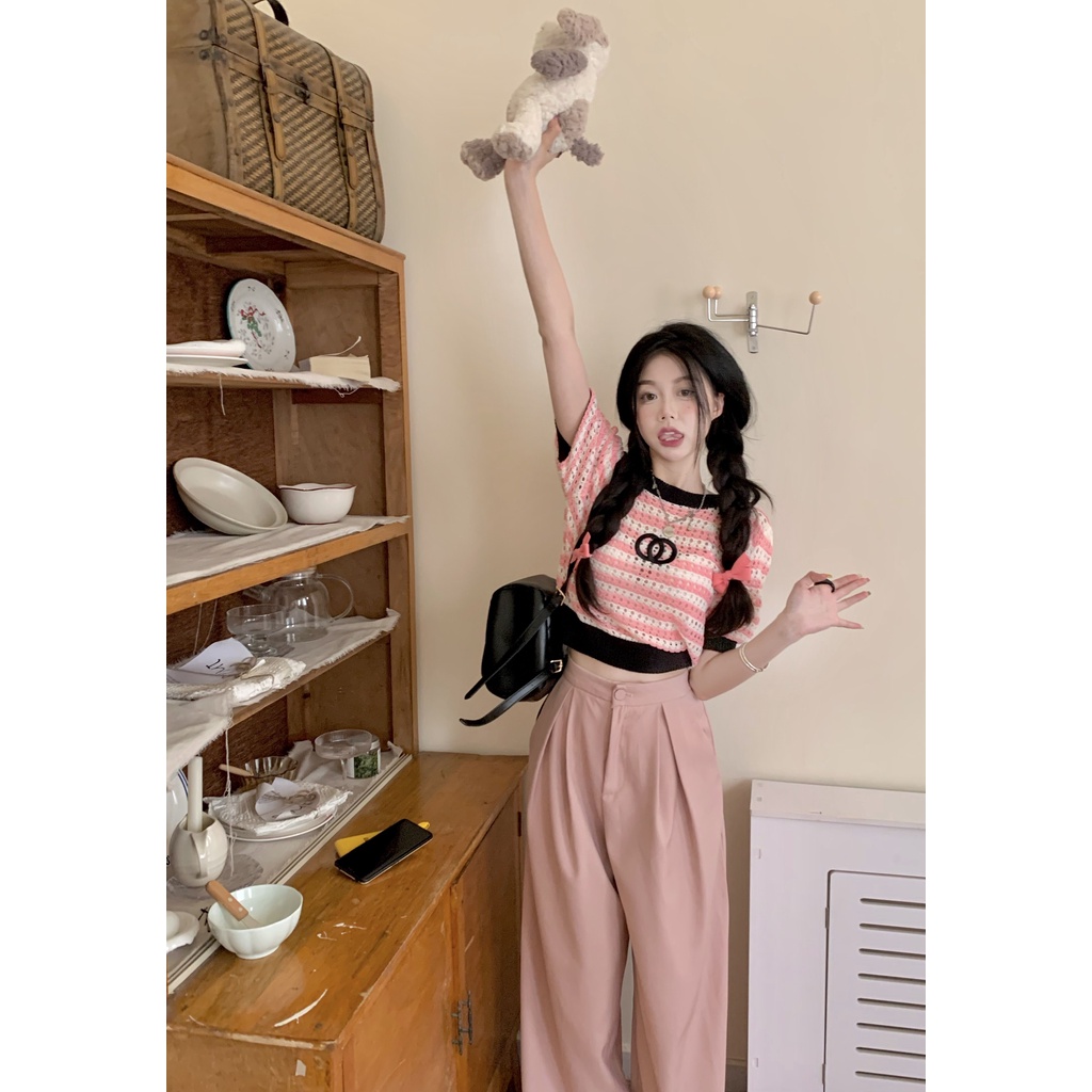 Cocory vn Áo Thun Tay Ngắn Dáng Ôm Họa Tiết Kẻ Sọc Quyến Rũ Thời Trang Mùa Hè Mới Cho Nữ