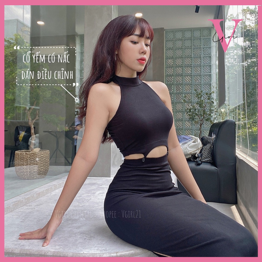Set áo croptop nữ cổ yếm kèm chân váy xẻ tà ôm body VGIRL mặc được 2 kiểu [ẢNH ĐỘC QUYỀN]