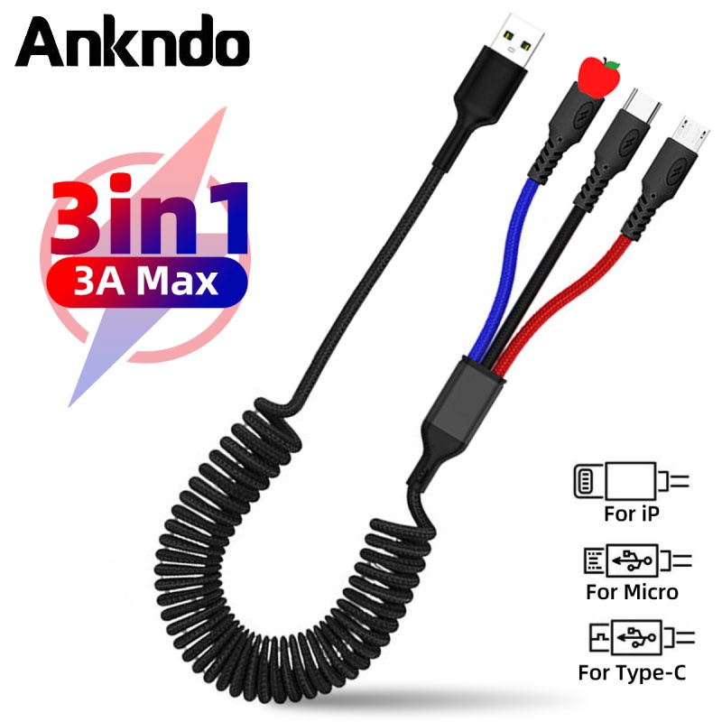 Dây cáp sạc nhanh Ankndo 1.2m USB 3 trong 1 Type C thích hợp cho iP 13 12 11 Pro XS Micro USB 3A Huawei Xiaomi 1.2M