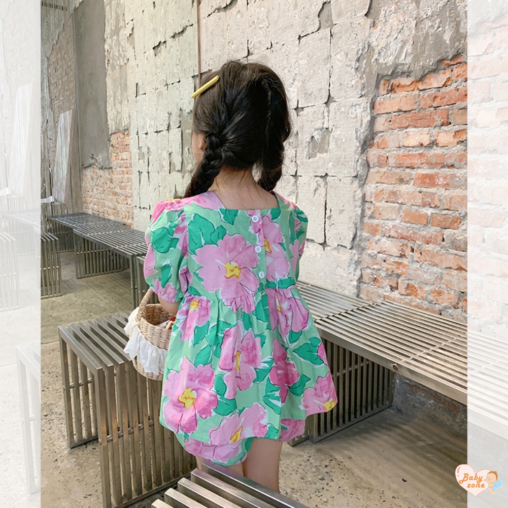 Set Áo Thun Ngắn Tay In Hoa + Quần Short Phong Cách Hàn Quốc Cho Bé Gái